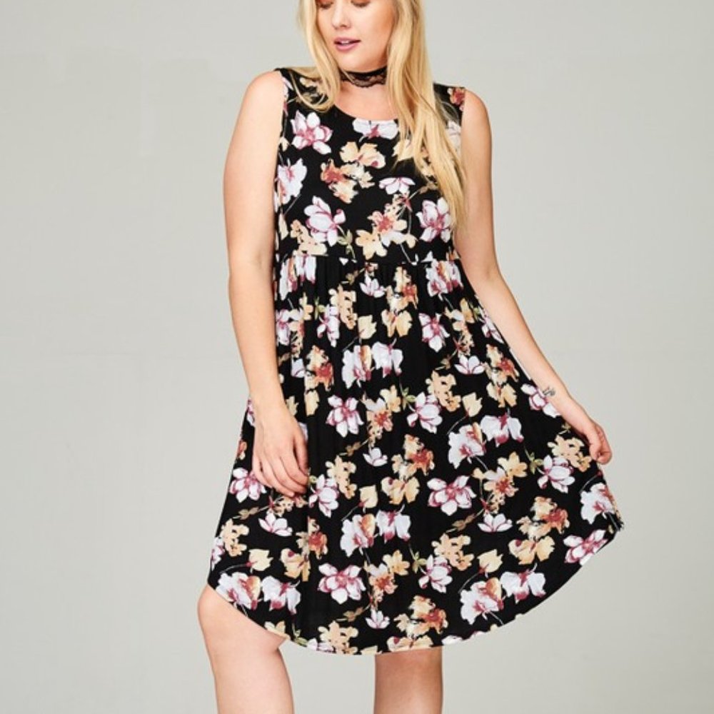 Black Floral Babydoll Tank Top Dress Sleeveless